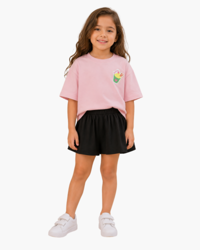 Girls Pink Oversized T-Shirt & Black Shorts Set