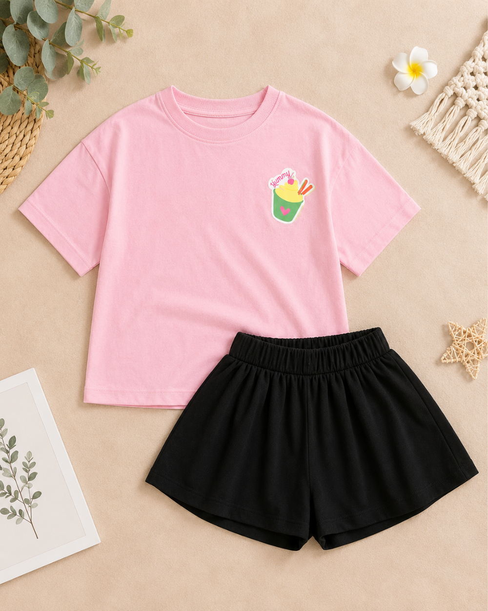 Girls Pink Oversized T-Shirt & Black Shorts Set