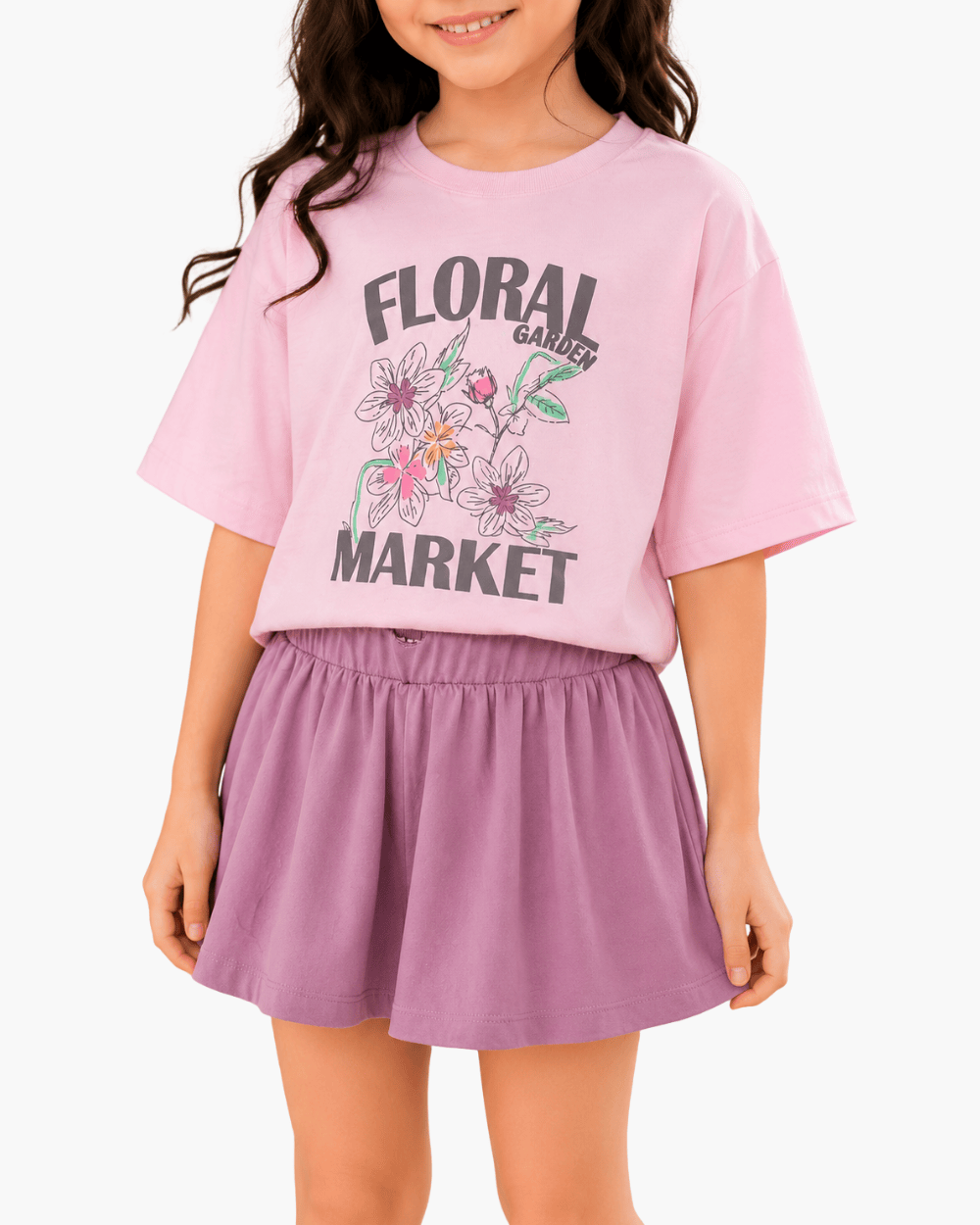 Girls Floral Graphic Pink Oversized T-Shirt & Shorts Set