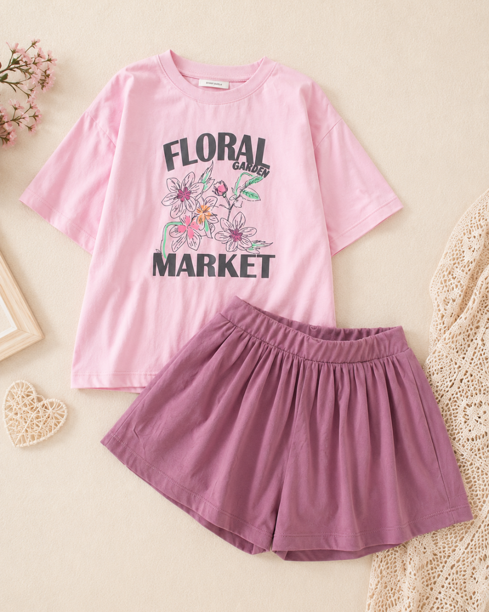 Girls Floral Graphic Pink Oversized T-Shirt & Shorts Set